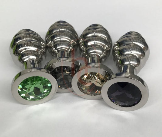 Ribbed Jewelled Butt Plug Large Amethyst - Steel Sex Toys