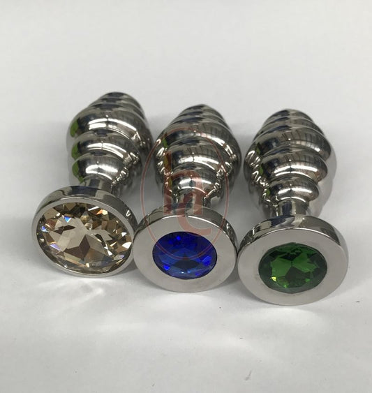 Ribbed Jewelled Medium Butt Plug Emerald - Steel Sex Toys