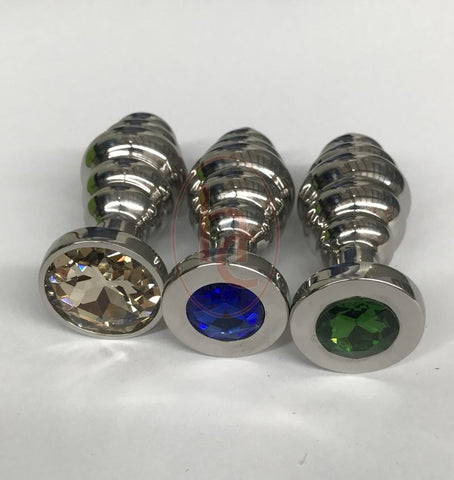 Ribbed Jewelled Medium Butt Plug Emerald - Steel Sex Toys