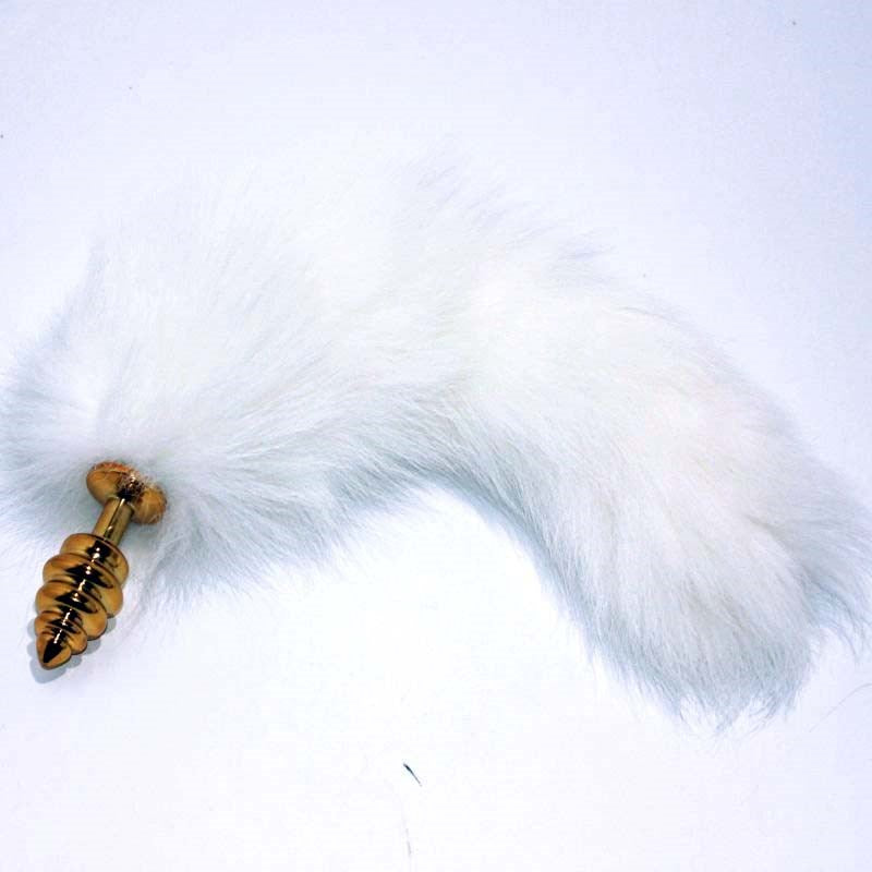 White Faux Fox Tail Ribbed Gold Butt Plug - - Steel Sex Toys