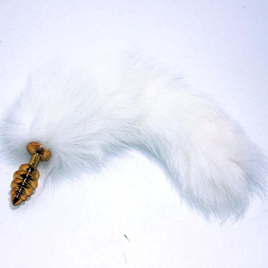 White Faux Fox Tail Ribbed Gold Butt Plug - Steel Sex Toys