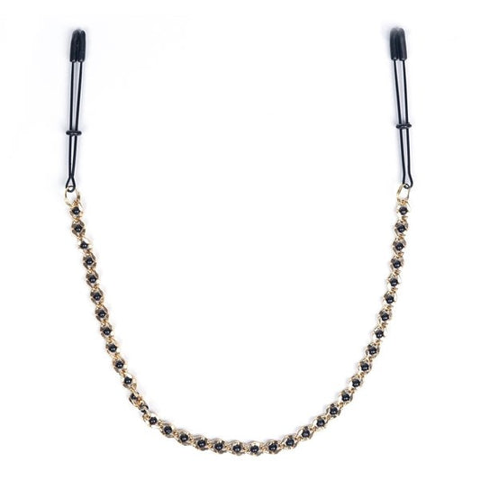 Spartacus Sensory Play Tweezer Nipple Clamps - Black Beads & Golden Chain - Nipple and Clit Clamps