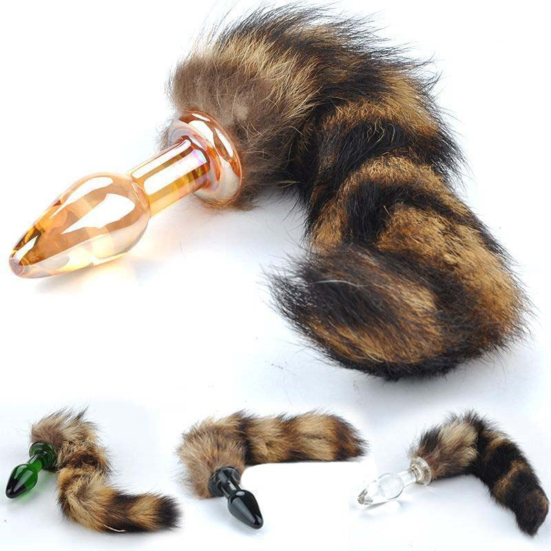 Brown Faux Fox Tail Smooth Glass Butt Plug - - Steel Sex Toys