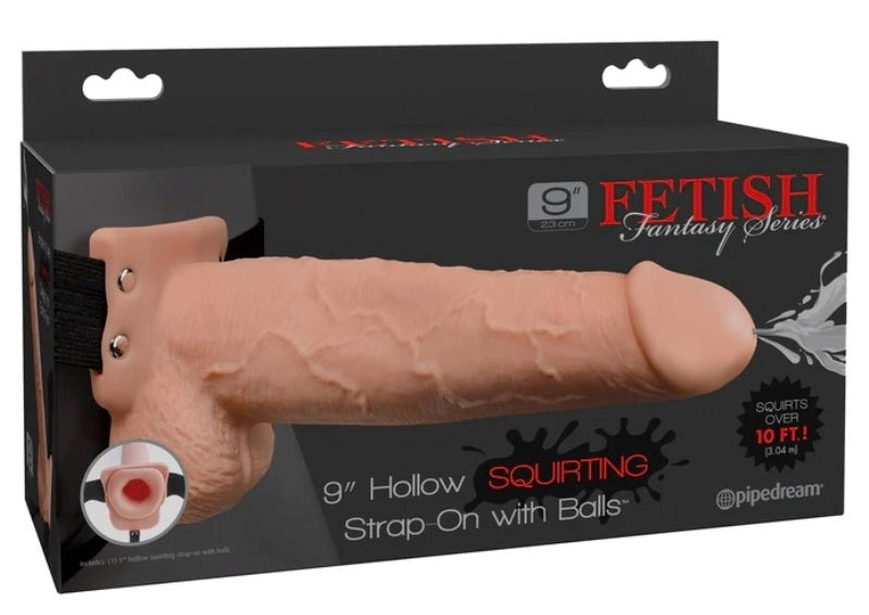 9 inch Hollow Squirting Strap-On with Balls - Bullet Vibrators