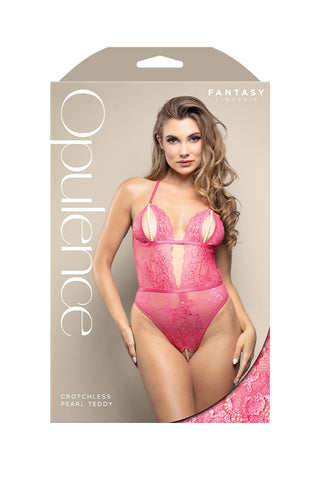 Fantasy Lingerie OPULENCE Crotchless Pearl Teddy Pink