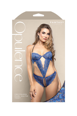 Fantasy OPULENCE Crotchless Pearl Halter Teddy Royal Blue