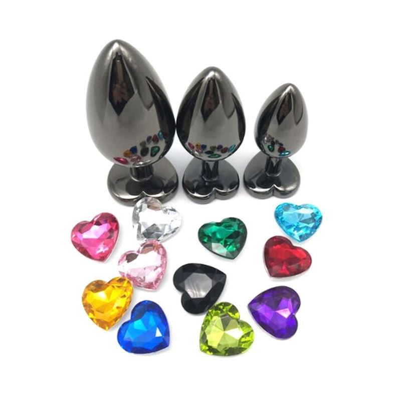 Heart Jeweled Black Steel Butt Plug Medium - - Butt Plugs