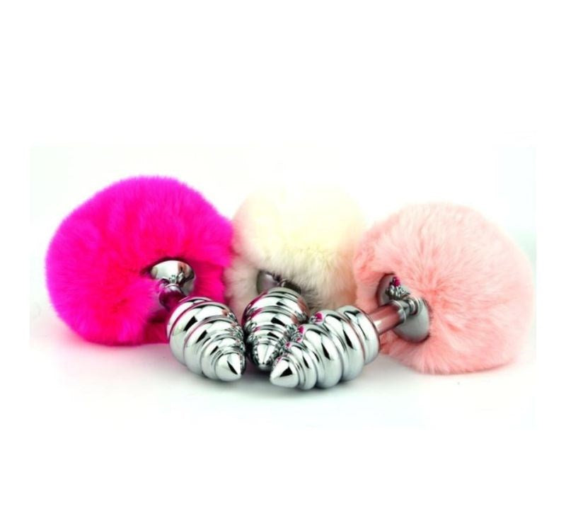 Bunny Tail Silver Ribbed Butt Plug - Realistic Dildos