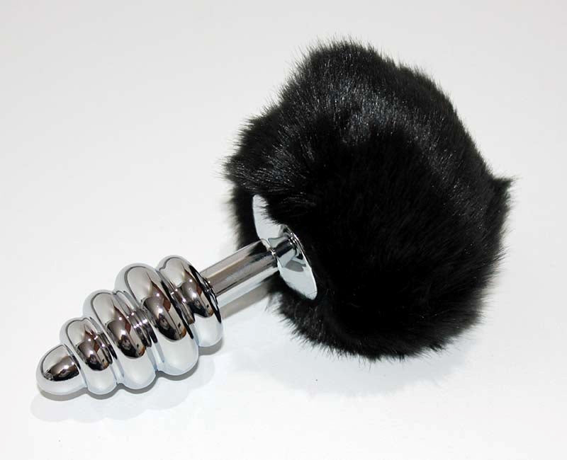 Bunny Tail Silver Ribbed Butt Plug - Realistic Dildos