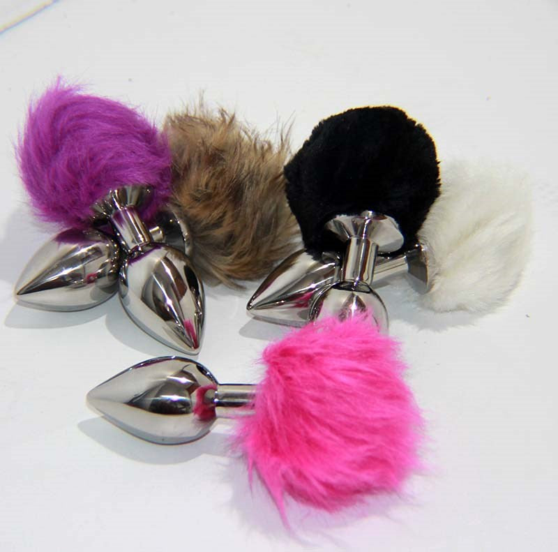 Crazy Faux Rabbit Tail Large Metal Silver Butt Plug - - Remote Control Vibrators