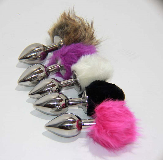 Crazy Faux Rabbit Tail Medium Metal Silver Butt Plug - Steel Sex Toys