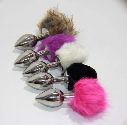 Crazy Faux Rabbit Tail Medium Metal Silver Butt Plug - Steel Sex Toys