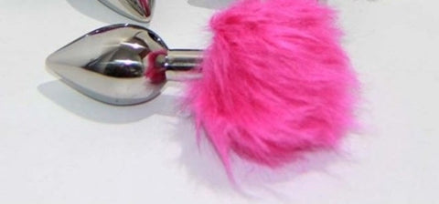 Crazy Faux Rabbit Tail Medium Metal Silver Butt Plug - Steel Sex Toys