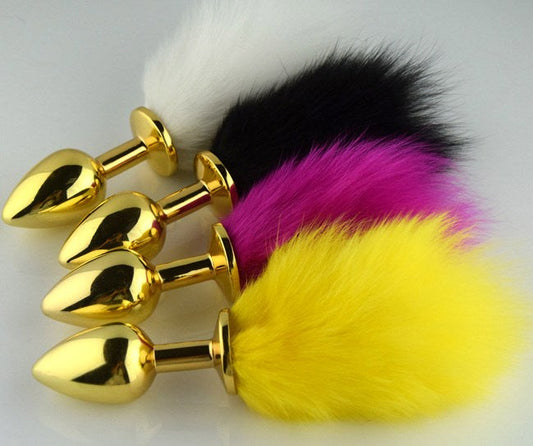 Faux Rabbit Tail Butt Plug Gold Medium - Steel Sex Toys