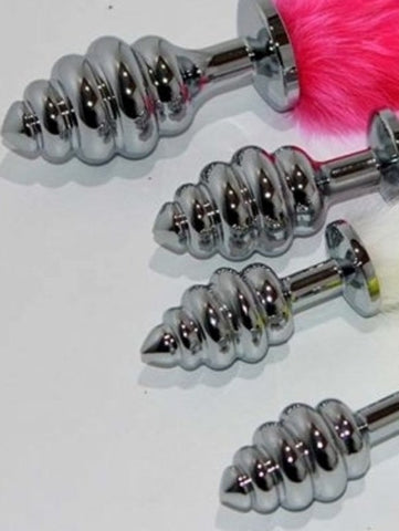 Faux Rabbit Tail Ribbed Butt Plug Silver Medium - Steel Sex Toys