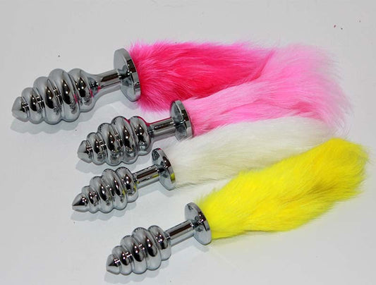 Faux Rabbit Tail Ribbed Butt Plug Silver Small - Steel Sex Toys