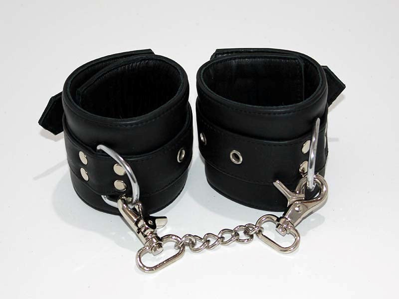 Leather Studded Wrist Cuffs With Chains - - Collars And Cuffs