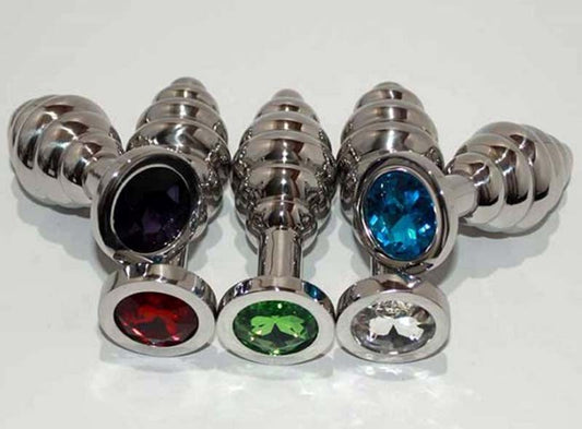 Ribbed Jewelled Large Butt Plug - Steel Sex Toys