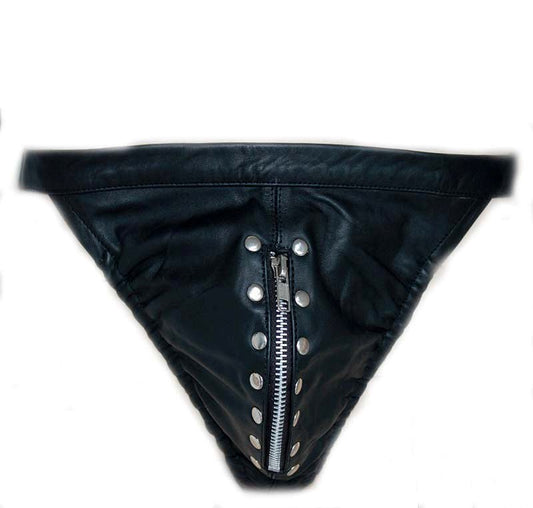 Black Leather Male Jock with Zipper - Jocks and G-Strings