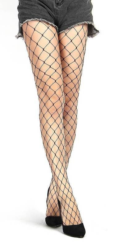 Black Long Sheer Tight Wide Fence Net Pantyhose - - Hosiery
