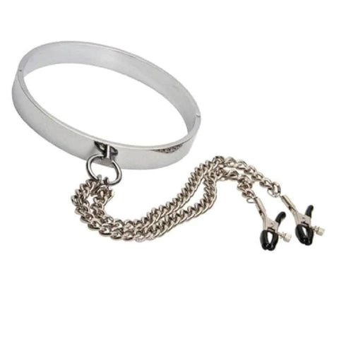 Breast Teasing Metal Collar & Peg Clamps - Collars and Leads