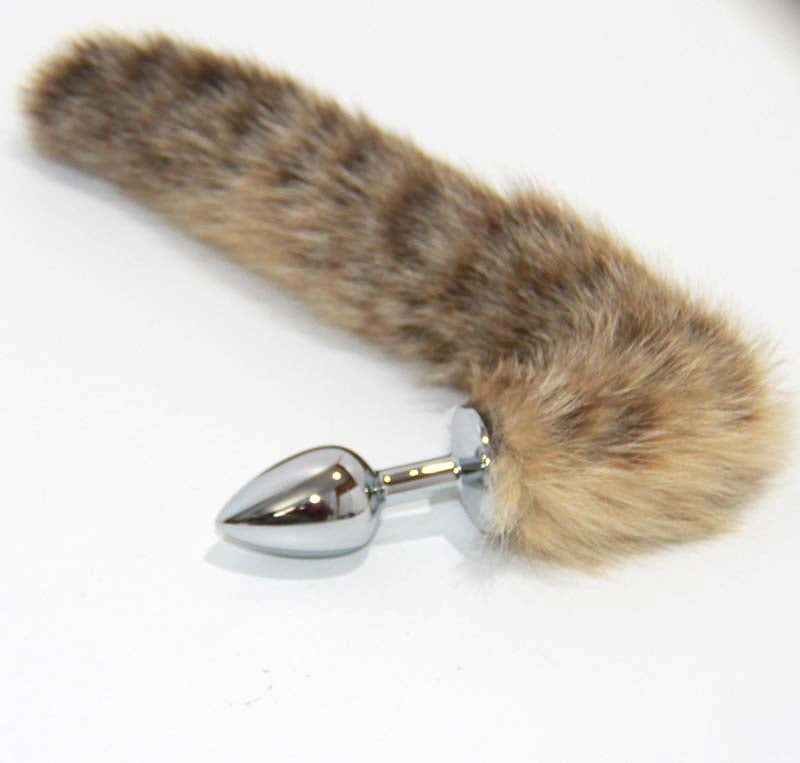 Brown Cat Faux Tail Silver Smooth Butt Plug - - Steel Sex Toys