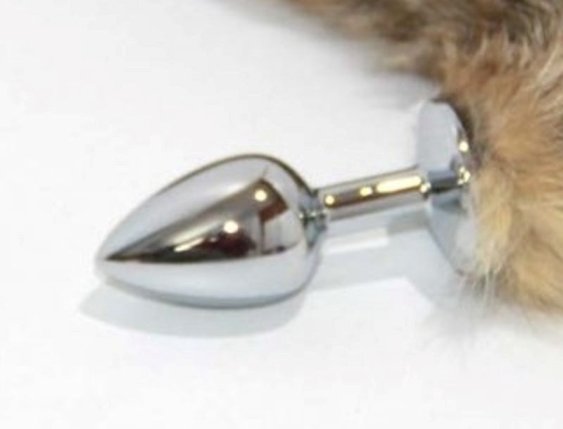 Brown Cat Faux Tail Silver Smooth Butt Plug - - Steel Sex Toys