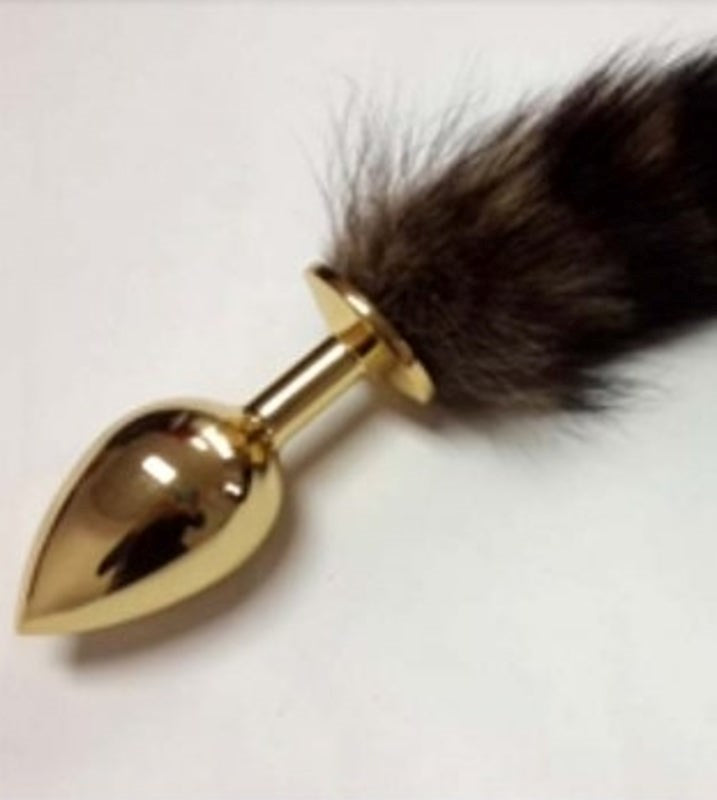 Brown Faux Fox Tail Gold Smooth Butt Plug - - Steel Sex Toys