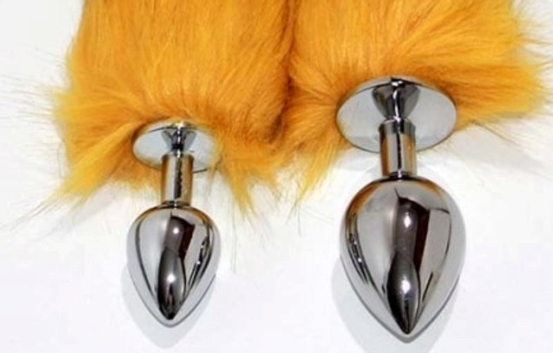 Canid Orange Faux Fox Tail Smooth Silver Butt Plug - - Steel Sex Toys