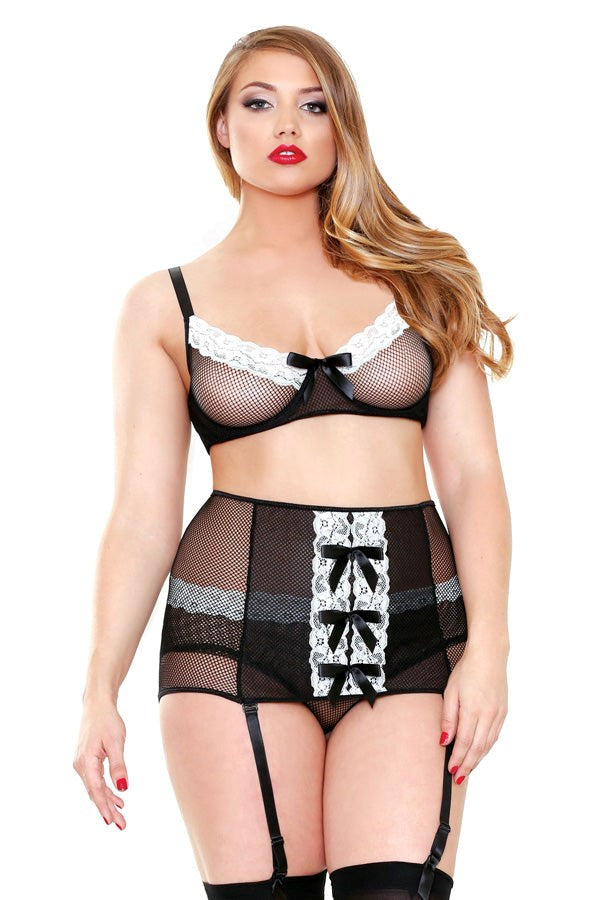 CURVE Fishnet & Lace Bra & Garter Belt Set - - Fancy Dress Ups
