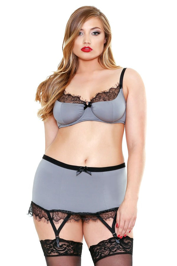 CURVE Lace Trim Bra, Skirt & G-String - - Plus Sized Lingerie