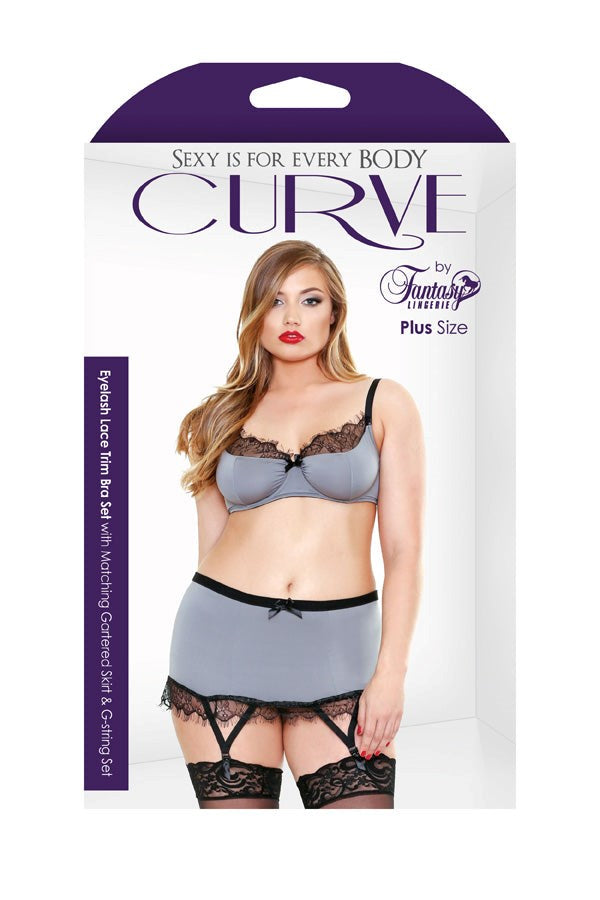 CURVE Lace Trim Bra, Skirt & G-String - - Plus Sized Lingerie