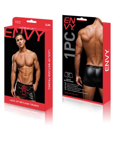 Envy Menswear - Lace-Up Wetlook Trunks in Black/Red - Mens Briefs And Boxers