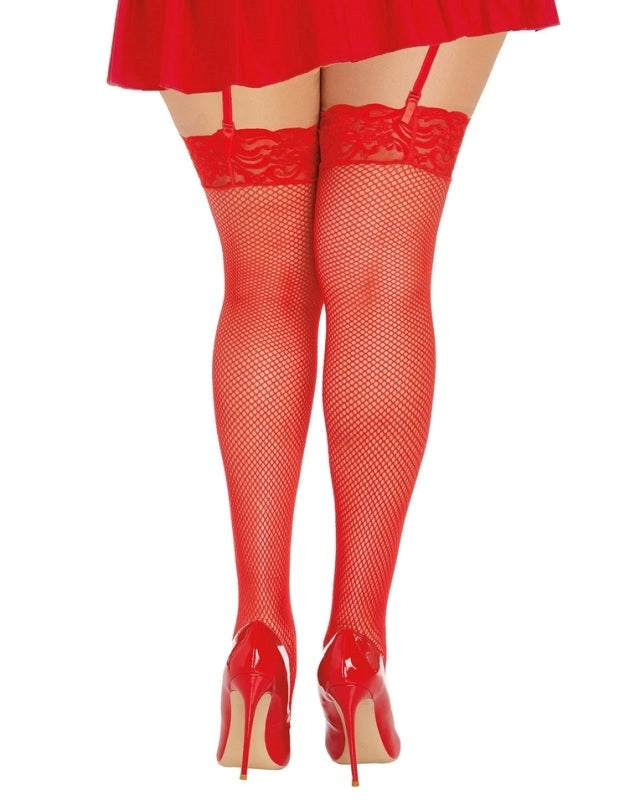 Fishnet Thigh High Stockings With Lace Top Red - - Hosiery