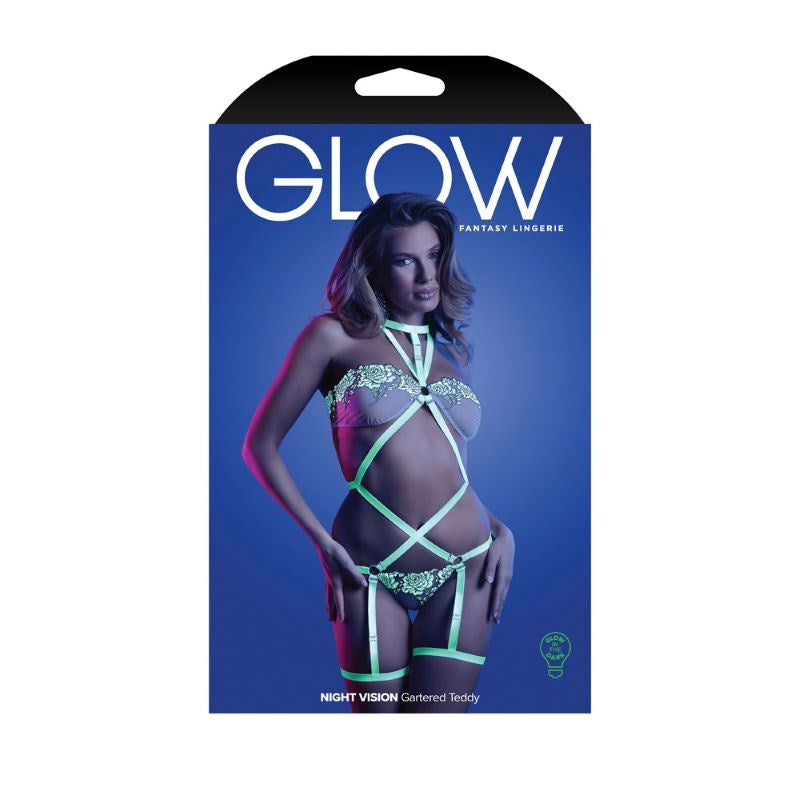 Glow Night Vision Gartered Teddy - - Babydolls and Chemises