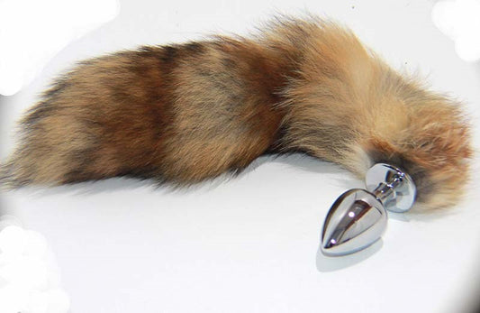 Long Brown and Blonde Fox Tail Silver Smooth Butt Plug - Steel Sex Toys