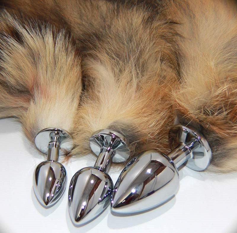 Long Brown and Blonde Fox Tail Silver Smooth Butt Plug - - Steel Sex Toys