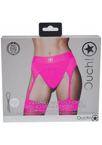 Ouch! Vibrating Strap-on Thong with Adjustable Garters - Pink - Strap On Sextoys