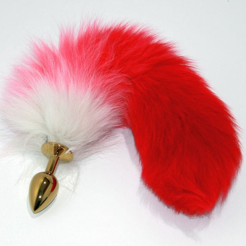 Red Faux Fox Tail Gold Butt Plug - - Steel Sex Toys