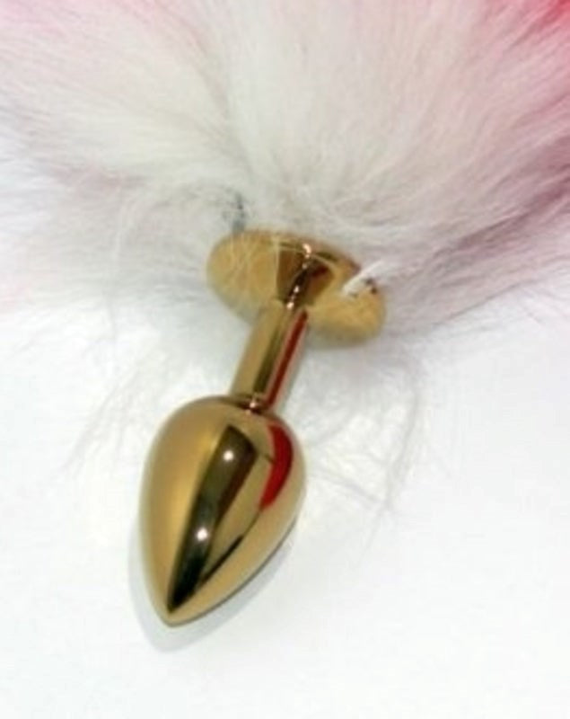 Red Faux Fox Tail Gold Butt Plug - - Steel Sex Toys