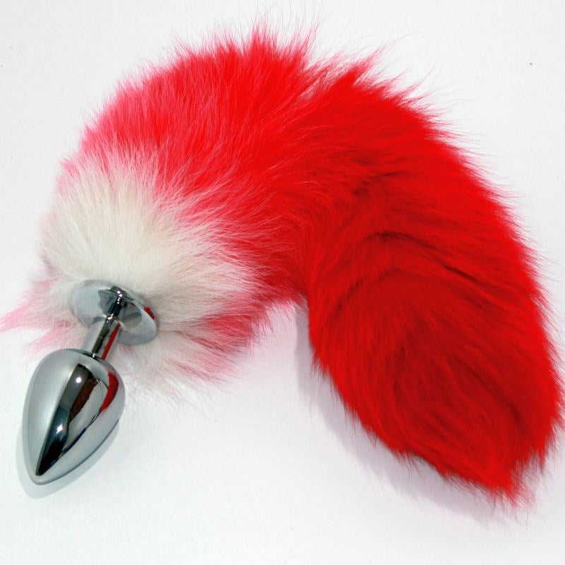 Red Faux Fox Tail Silver Butt Plug - - Steel Sex Toys