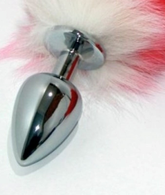 Red Faux Fox Tail Silver Butt Plug - - Steel Sex Toys