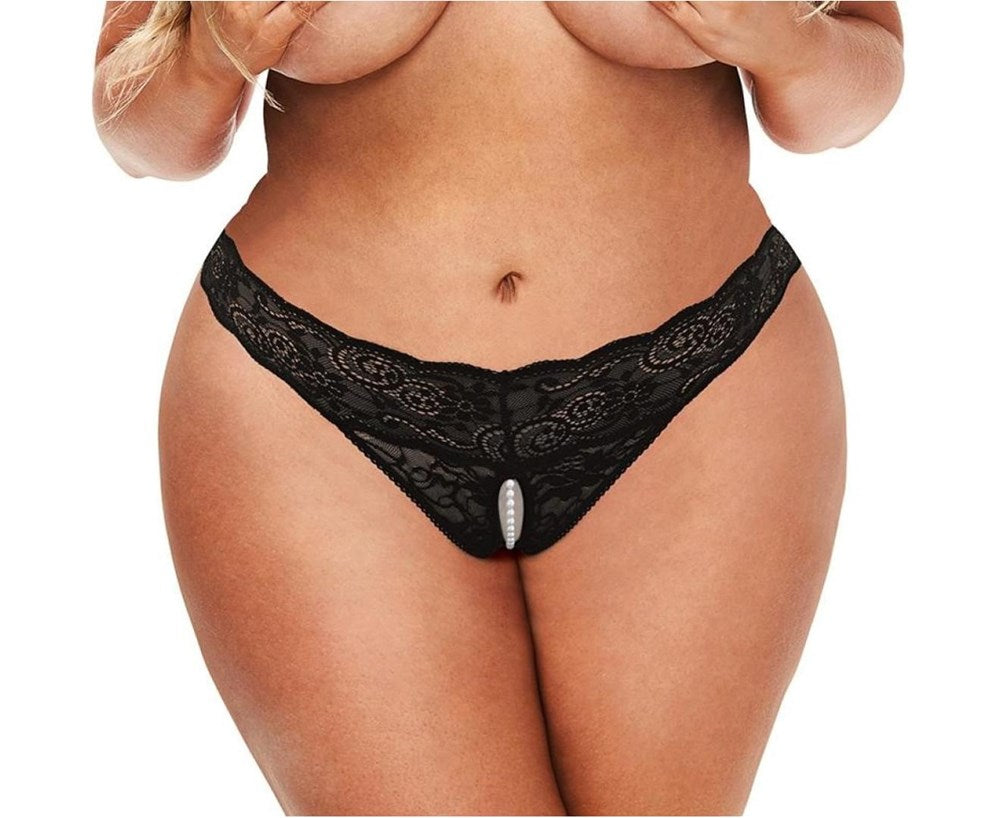 Secret Kisses Lace & Pearls Crotchless Thong Black - - G-Strings, Panties and Shorts