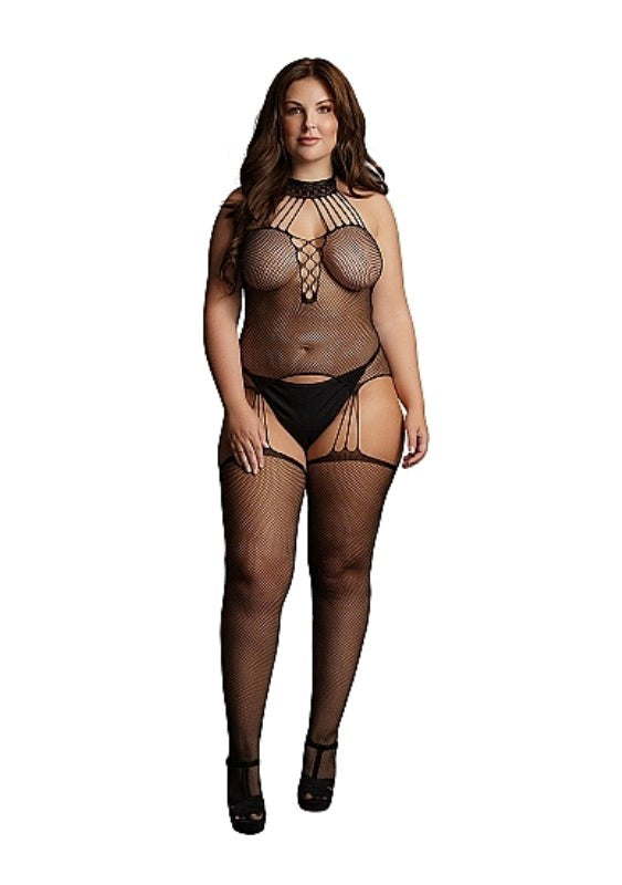 Suspender Fishnet Choker Bodystocking - - Body Stockings
