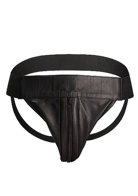 Uomo Striped Front With Zip Leather Jock Black - His Fetish