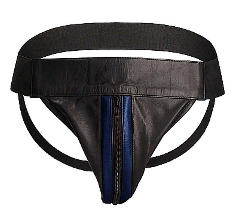 Uomo Striped Front With Zip Leather Jock Black/Blue - - His Fetish