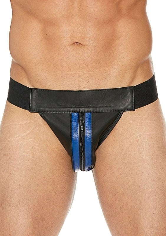 Uomo Striped Front With Zip Leather Jock Black/Blue - - His Fetish