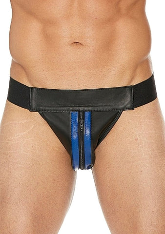Uomo Striped Front With Zip Leather Jock Black/Blue - His Fetish