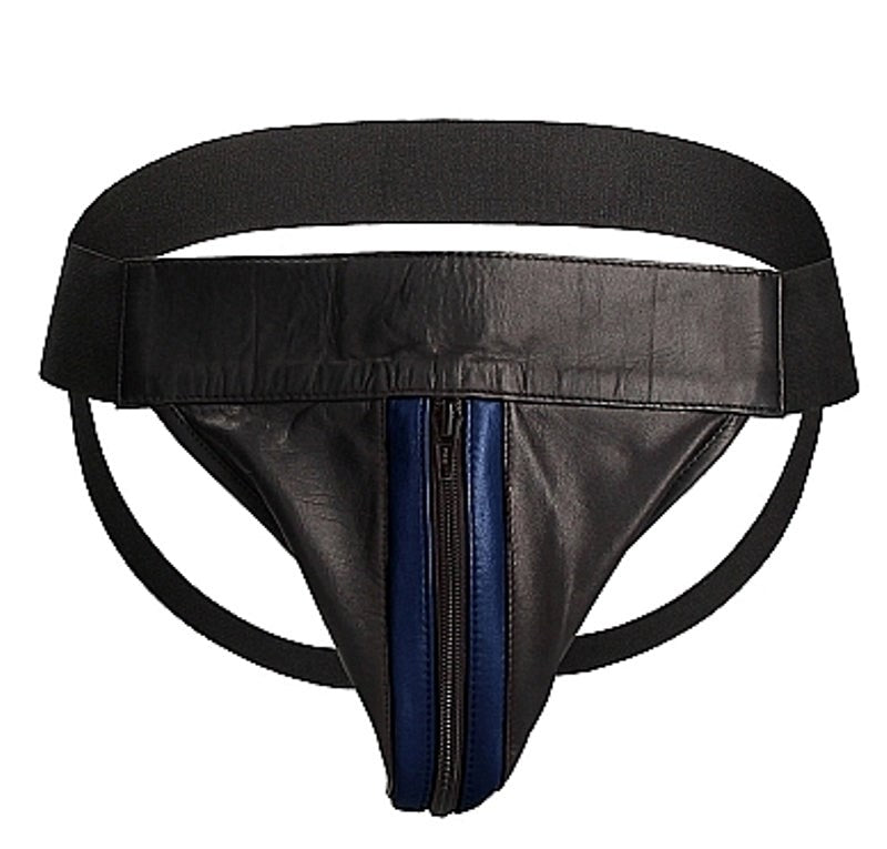 Uomo Striped Front With Zip Leather Jock Black/Blue - - His Fetish