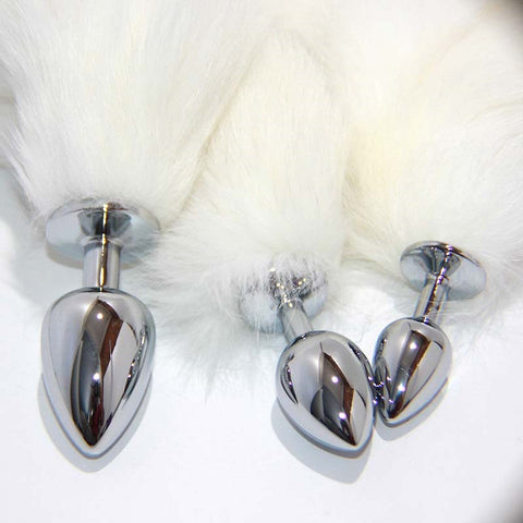 White Faux Fox Tail Smooth Silver Butt Plug - Steel Sex Toys